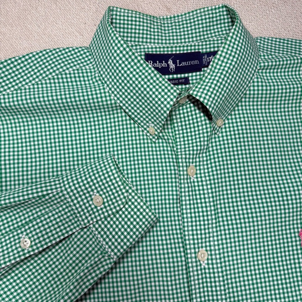 Ralph Lauren Green Gingham Button Down Shirt Men’s XL 17 Classic Fit Cotton